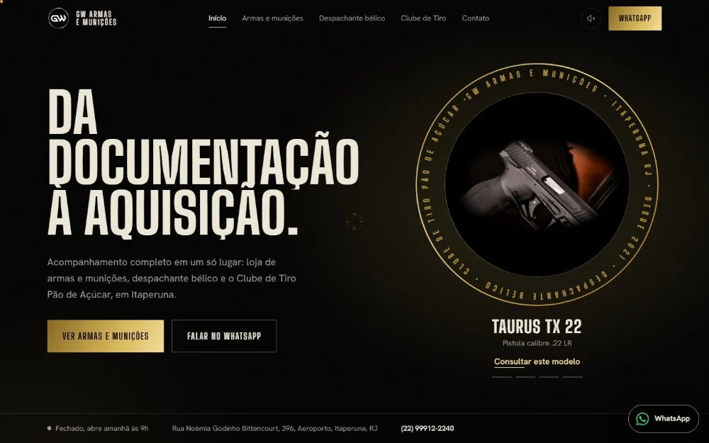 Página inicial do site GW Armas e Munições