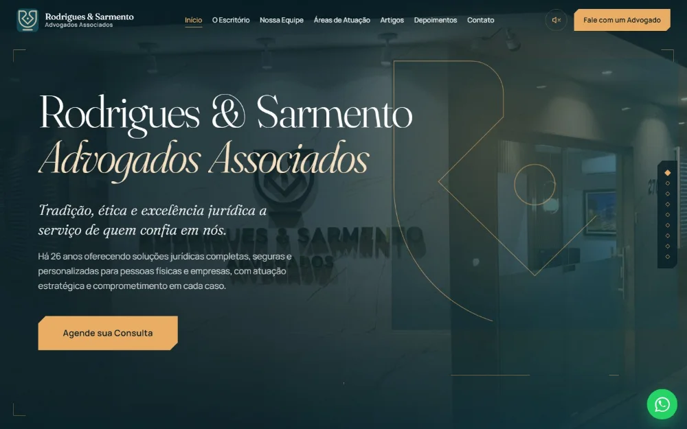 Página inicial do site Rodrigues e Sarmento Advogados